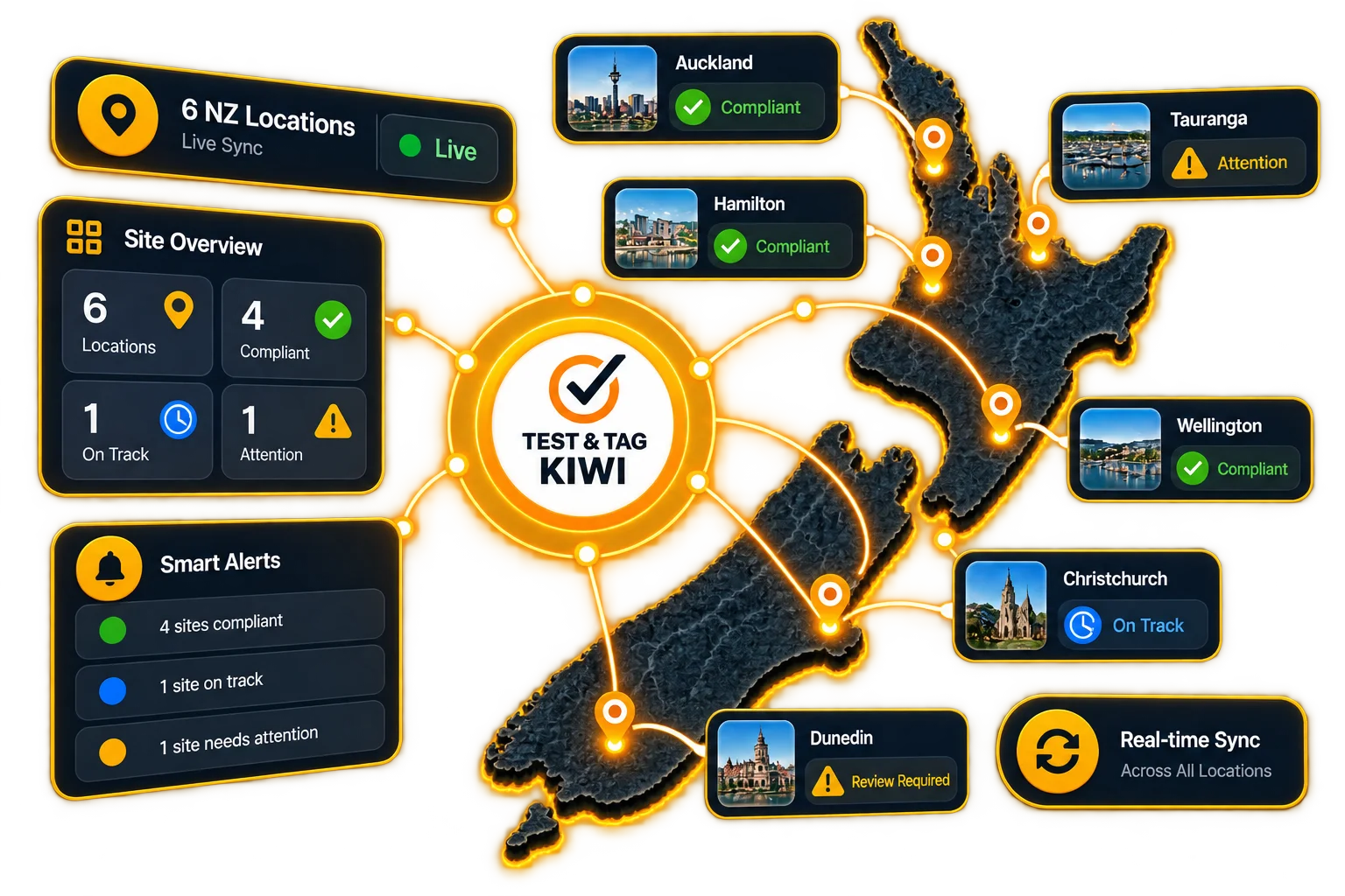 Multi-site management dashboard showing compliance status